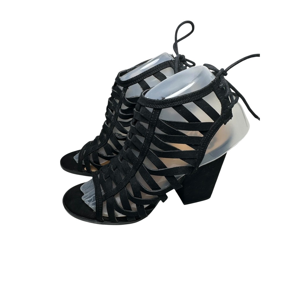 Fergalicious Caged Block Heel Sandals Black Strappy Gladiator Lace Up 8.5M Black